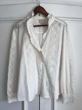 Sezane Chlo Shirt- White Lace-Trim Button Front Blouse